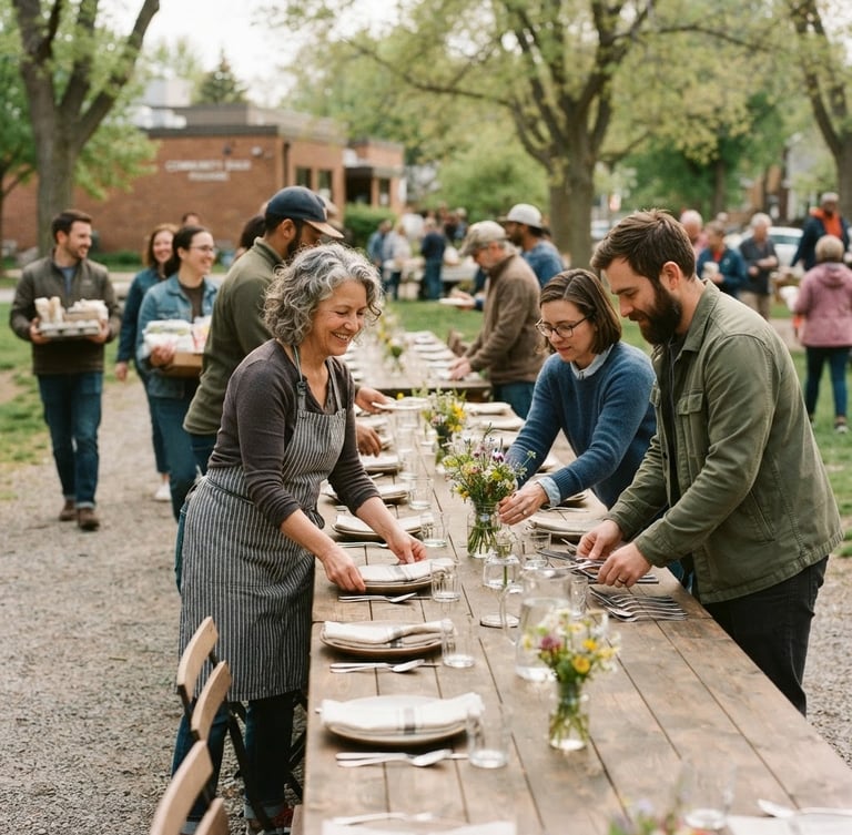 Candid medium shot of community members preparing a long wooden table for a neighborhood dinner, warm overcast daylight, documentary style, 35mm film grain