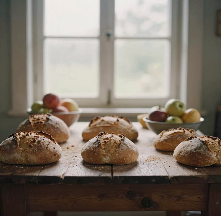 Candid medium shot of a rustic wooden table laden with freshly baked bread and bowls of fruit, soft morning window light, warm muted earth tones, documentary style.