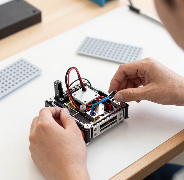 Close-up of hands assembling a physical robotics kit, exposed wiring and breadboards on a wooden workbench, bright daylight