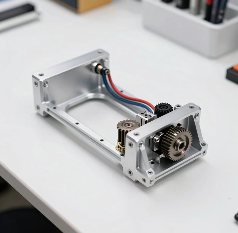 Crisp workshop photography, bright natural daylight, close-up macro shot of a custom aluminum robot chassis with exposed wiring harnesses and gears on a clean white workbench.