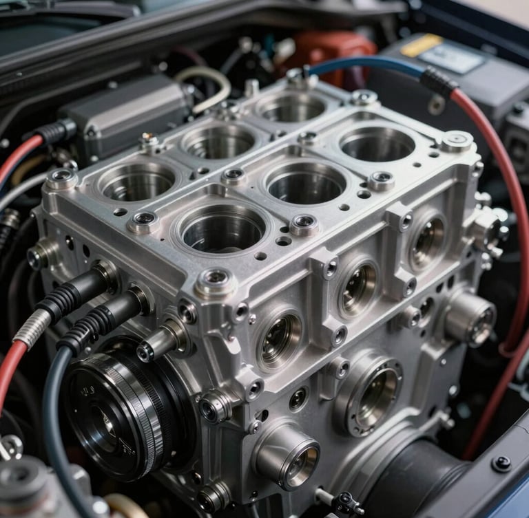 Close-up of a modern vehicle engine block with technical diagnostic cables connected, sharp focused lighting on metal components