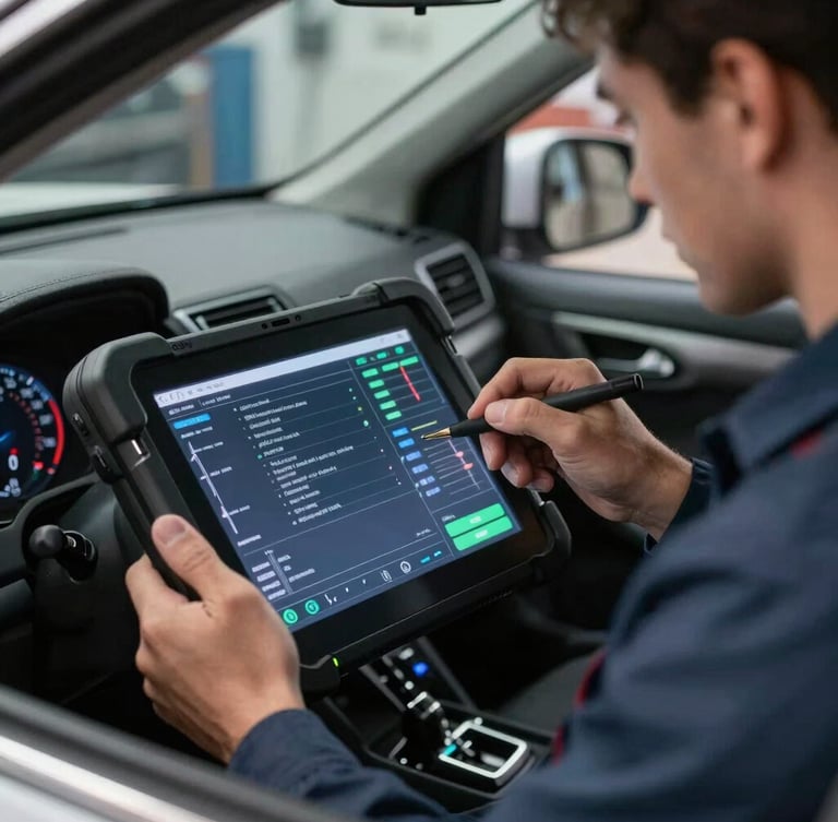 Close-up portrait shot of a mechanic's hands using a digital diagnostic tablet inside a car cabin, screen glowing with technical data, high-contrast workshop lighting.