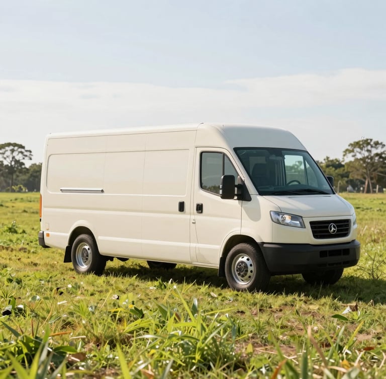 A clean modern distribution vehicle parked beside a sunlit Florida pasture, bright morning light, emphasizing high clinical hygiene and natural freshness