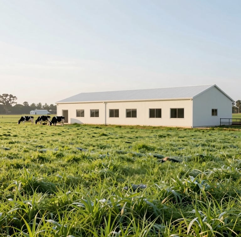Crisp high-key photography of dew-kissed green Florida pastures under bright morning sunlight, clean modern dairy farm style, 50mm lens