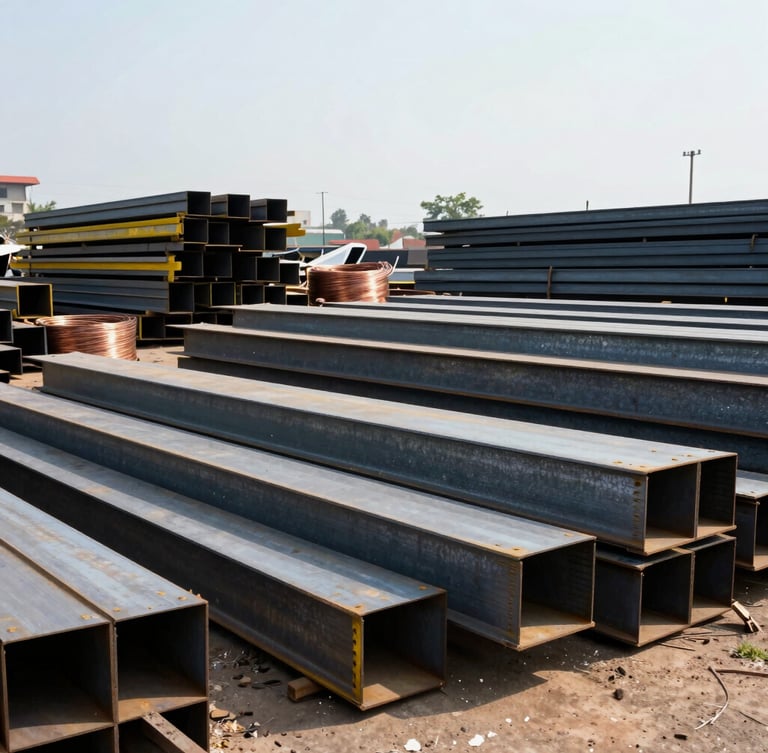 Wide environmental shot of an industrial scrap yard in Bangalore, sorted piles of heavy steel beams and copper wire, bright direct midday sun reflecting off high-contrast metallic surfaces, 35mm documentary photography style