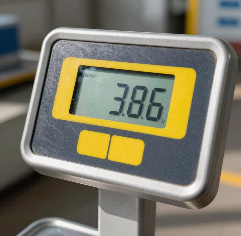 Close-up of a professional digital scale display showing weight readings at an industrial site, high contrast, metallic textures, yellow accents
