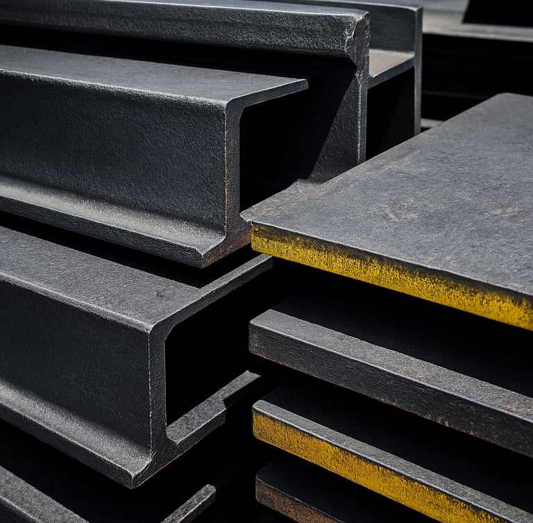 Close-up of sorted industrial steel beams and heavy iron plates, bright daylight, high contrast metallic textures, 35mm