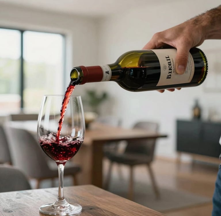 Close-up of a sommelier pouring a deep red Barolo wine into a glass, bright natural side light, soft focus background of a modern Texas dining room.