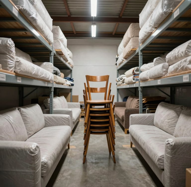 Symmetrical architectural shot of wrapped designer sofas and stacked wooden chairs in an immaculate, brightly lit storage unit.