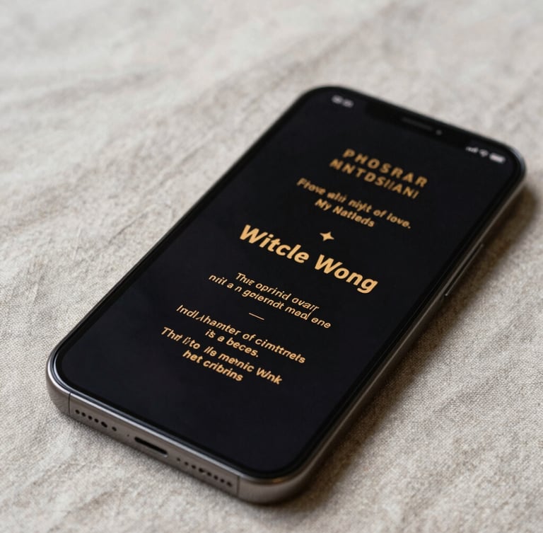A close-up photograph of a premium mobile screen displaying a gold-embossed digital invitation, resting on a textured linen table runner with soft, diffused morning sunlight.
