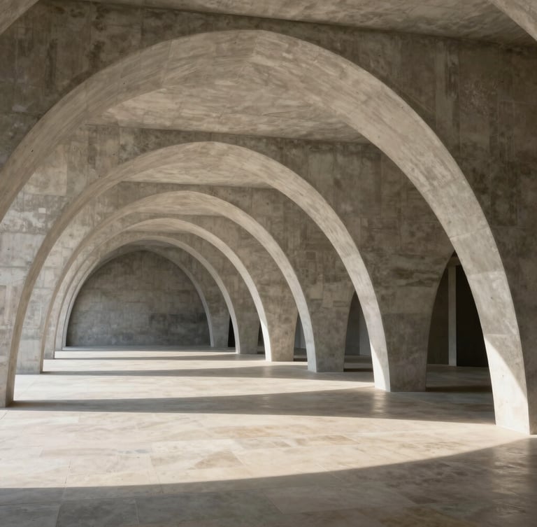 Minimalist architectural venue with soaring concrete arches, natural sunlight casting long soft shadows across limestone floors, quiet luxury aesthetic