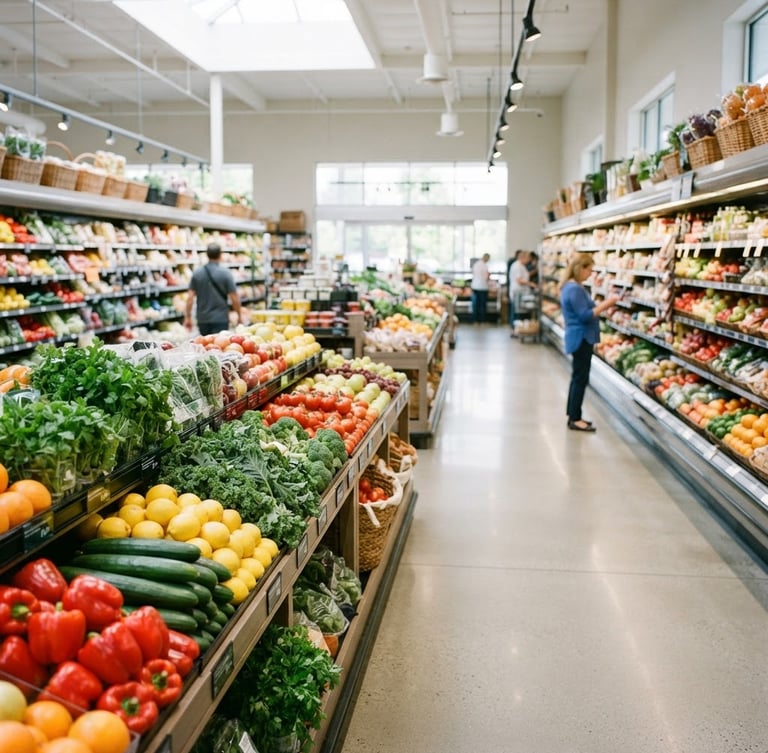 Bright, clean supermarket aisle, neatly stocked shelves with vibrant fresh produce in foreground, soft natural light, wide shot