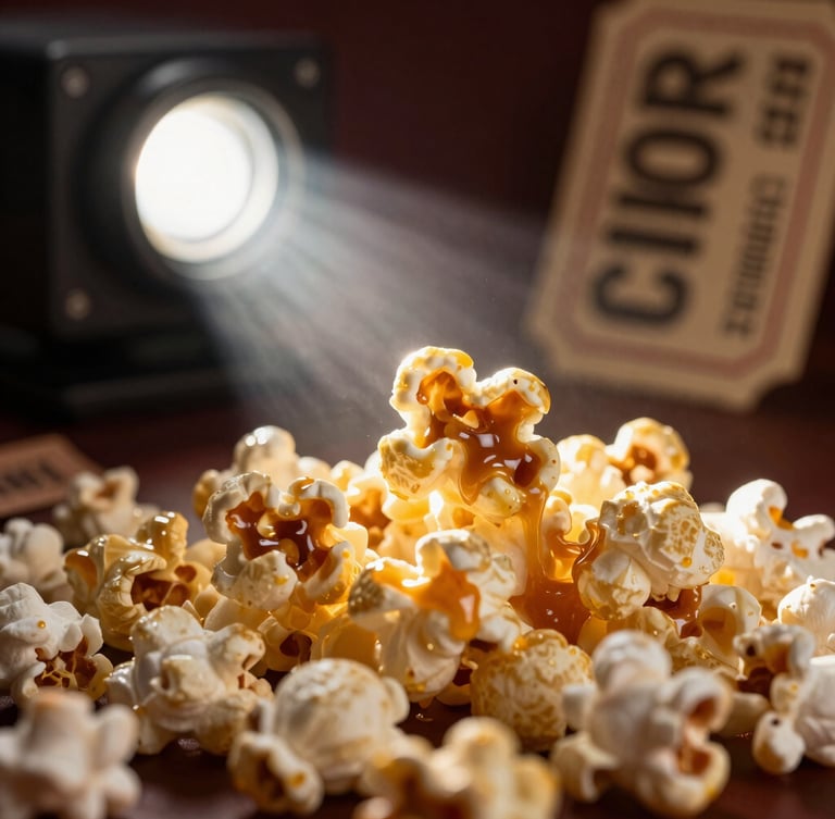 Macro shot of freshly popped gourmet popcorn glistening with golden caramel under a warm, dramatic theater projector beam, vintage cinema ticket stubs in the soft-focus background, 35mm film look.