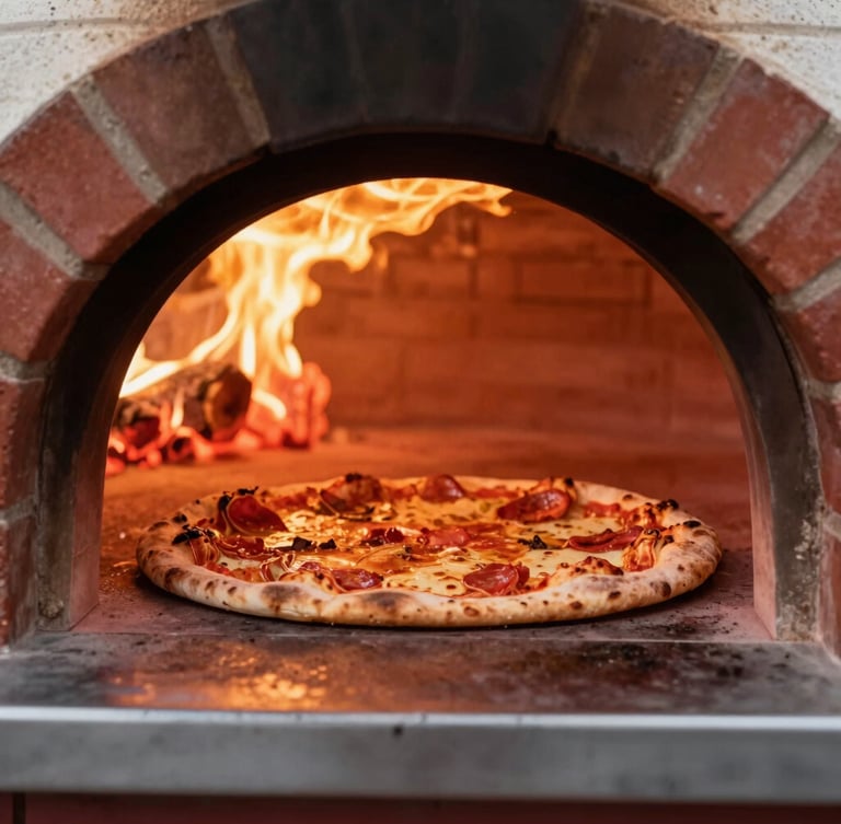 Close-up of a glowing wood-fired oven with pizza inside, warm golden embers, rustic brick texture, shallow depth of field
