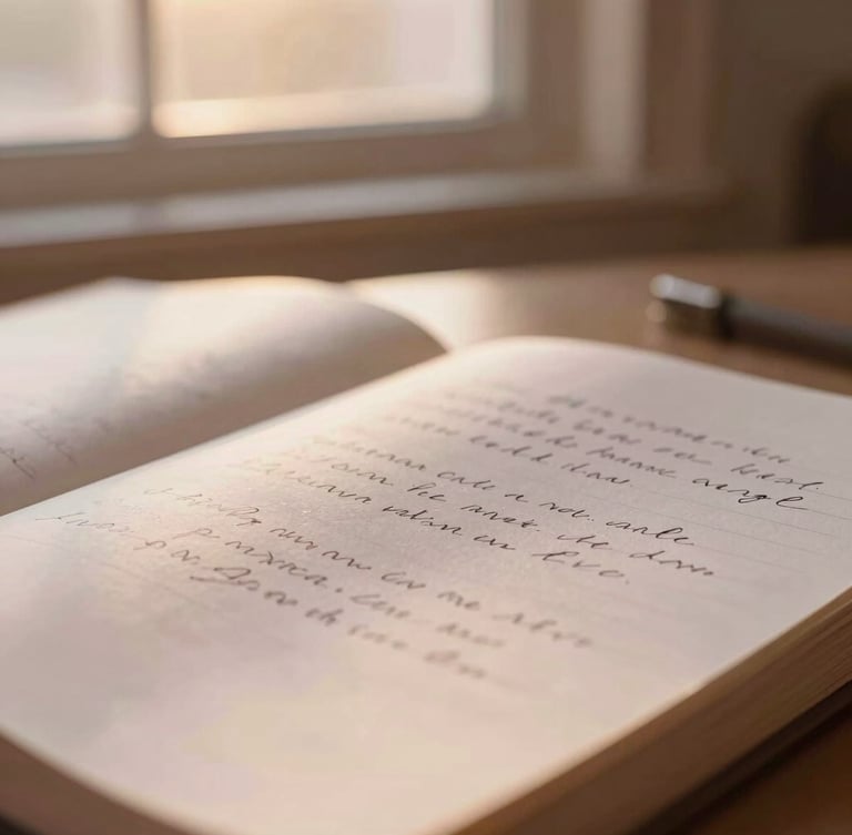 Close-up of open notebook pages with handwritten scribbles, warm golden-hour window light, soft-focus background, warm editorial photography, muted dusty rose and taupe tones