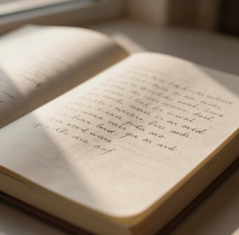 Intimate close-up of an open linen journal with handwritten scribbles, warm diffused golden-hour window light, soft shadows, shallow depth of field