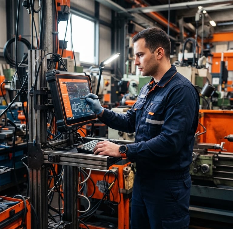A professional technician in a clean navy uniform operating a high-tech diagnostic monitor, bright work-light illumination, high-contrast industrial setting