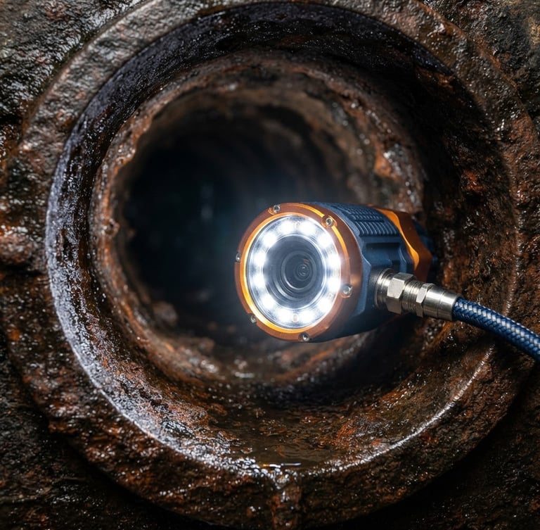 Macro shot of a high-tech sewer camera head with bright LED lights, entering a clean cast iron pipe, sharp focus, crisp industrial photography, high-contrast navy and orange tones.