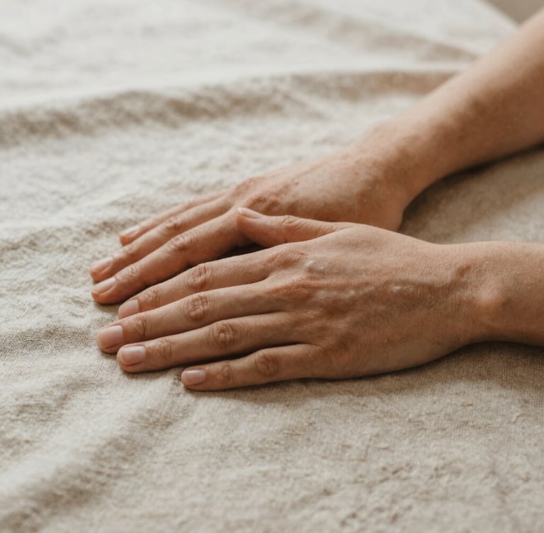 Close-up of hands gently resting on a textured organic linen fabric, soft natural overcast daylight, warm sand tones, shallow depth of field, minimalist somatic aesthetic.