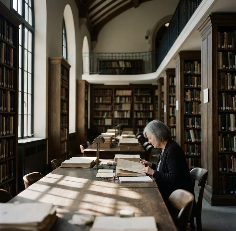 A quiet, high-ceilinged research archive with towering wooden bookshelves, soft directional window light casting geometric shadows on long study tables, shallow depth of field, 35mm.