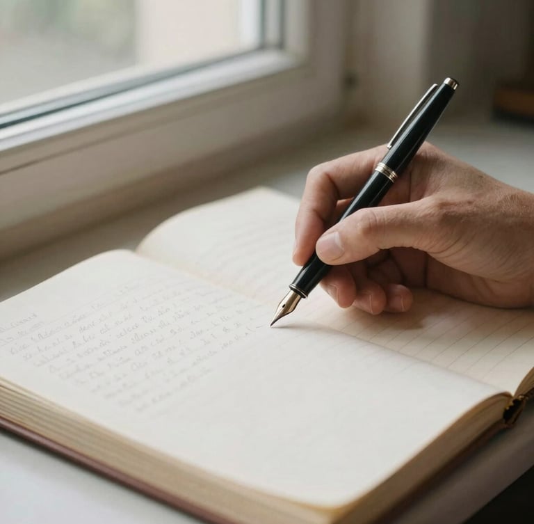 Hands of a researcher reviewing printed archival manuscripts under soft, directional window light, a classic fountain pen resting on a heavy cream paper ledger, shallow depth of field, 35mm