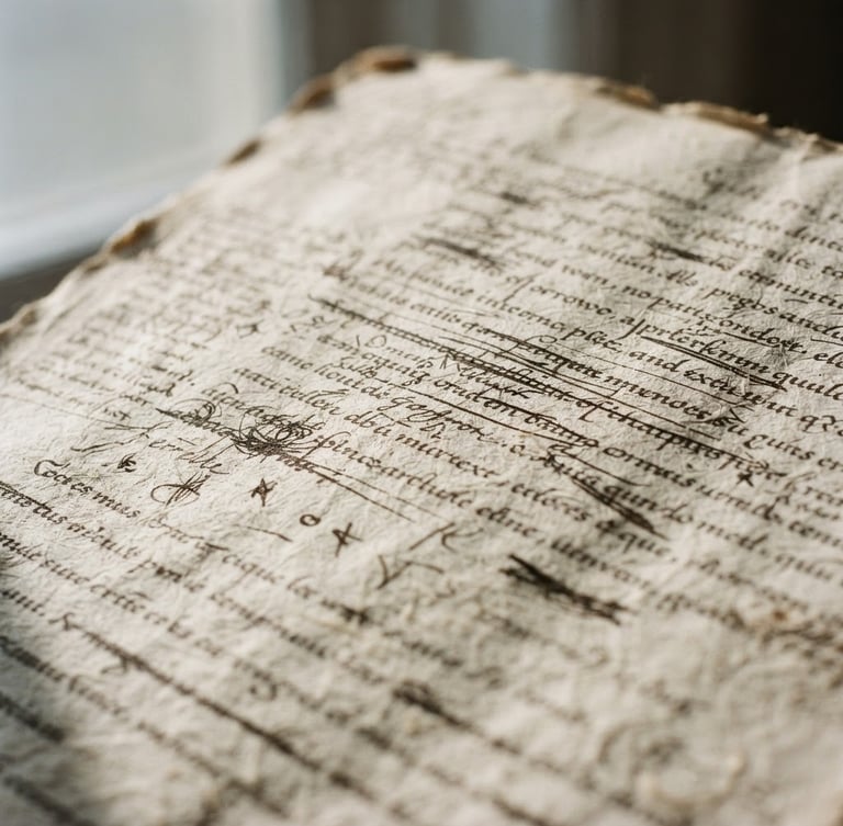 Macro close-up of a heavy cotton paper manuscript with handwritten annotations in dark ink, soft directional window light casting long shadows across the textured page, 35mm photography
