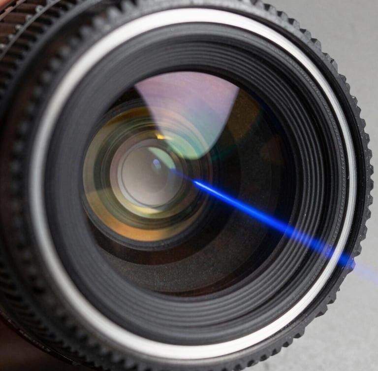 Macro shot of a multi-element optical lens catching a sharp blue laser beam, showing internal refraction paths and high-contrast glass edges.