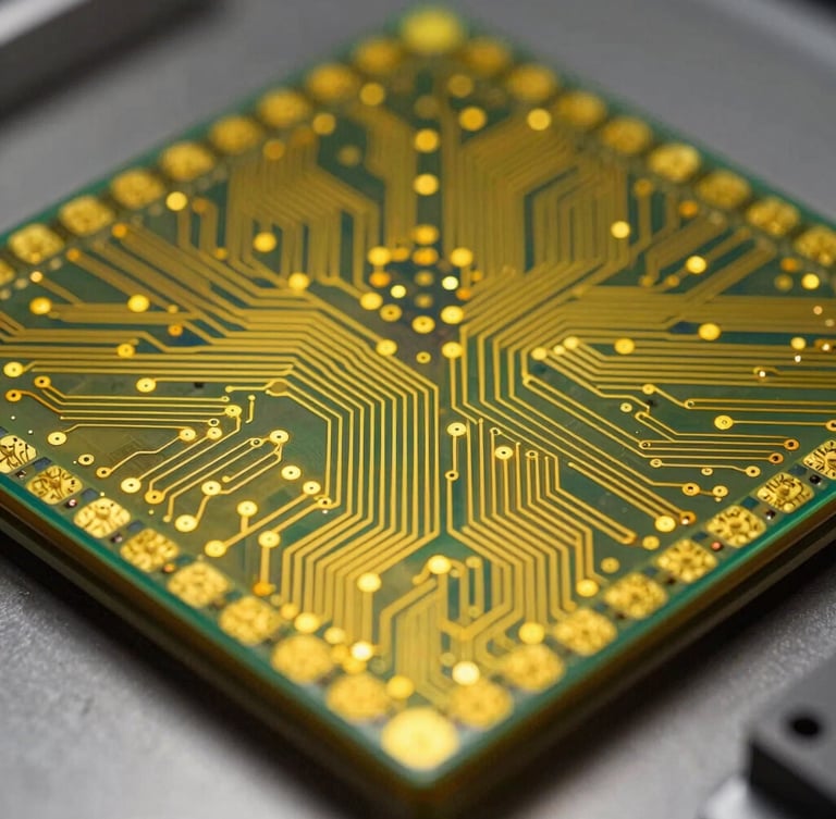 Macro view of a silicon wafer under cleanroom yellow light, showing sub-micron circuit traces and gold-bonded wire threads in sharp focus.