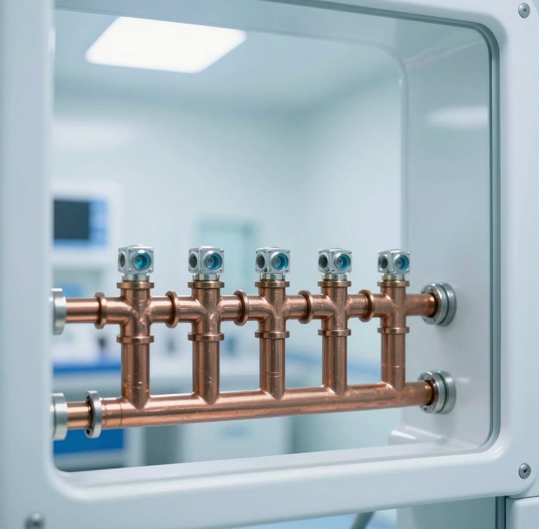 Engineered medical gas pipeline copper manifold system inside a hospital utility room, clean architectural framing, sterile daylight