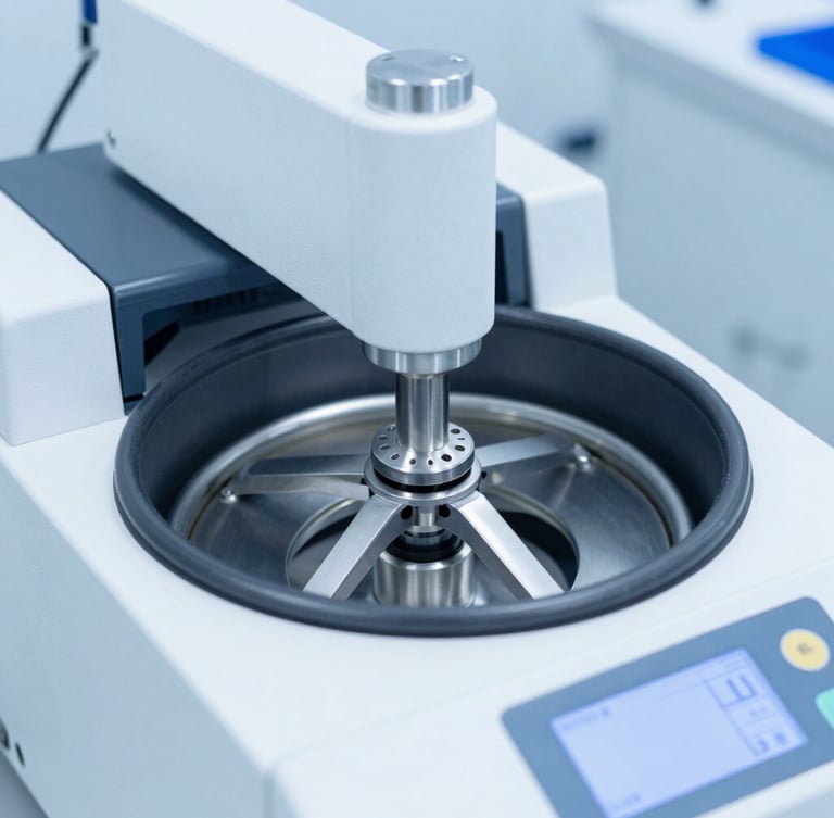 Macro photograph of a sterile, high-precision laboratory centrifuge with digital interface, cool white and blue cleanroom lighting, sharp focus