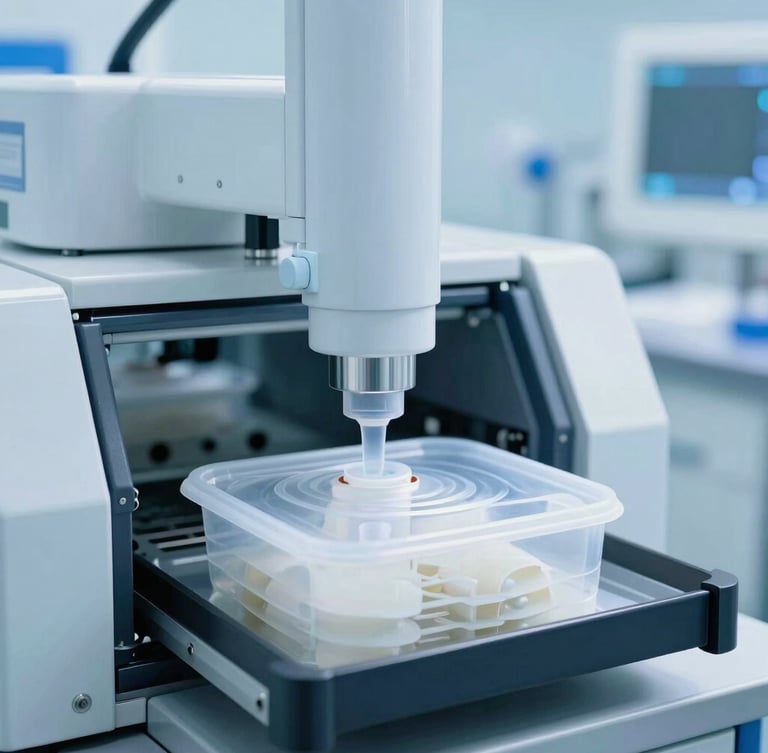 Cleanroom manufacturing environment with automated machinery packaging sterile medical disposables, bright high-key lighting, cool blue tones.
