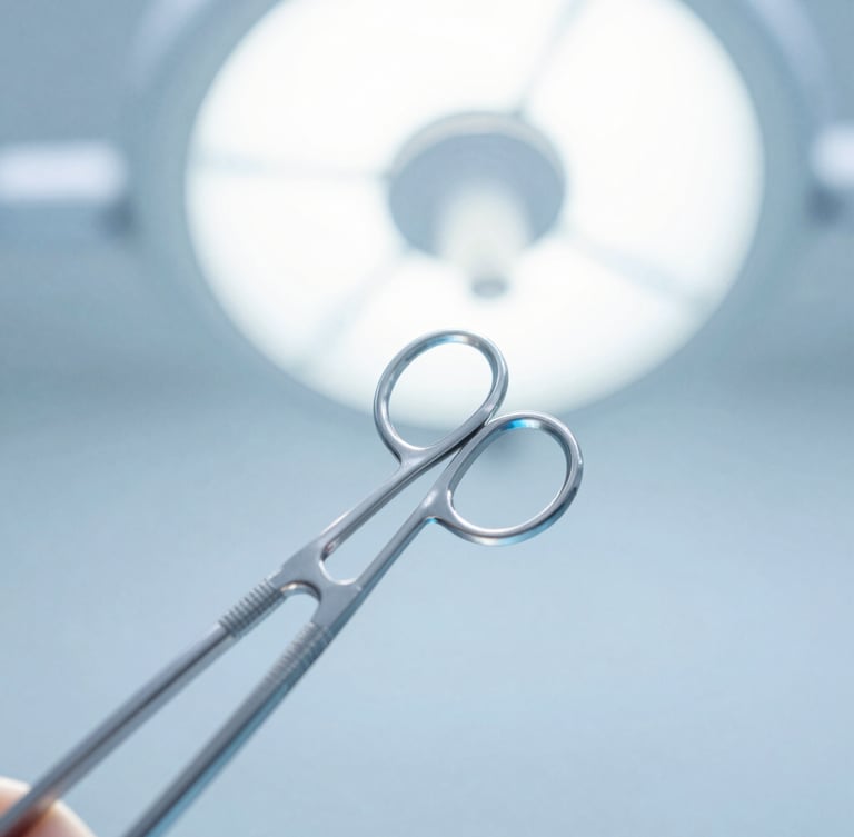 Sharp macro shot of sterile surgical blades in high-key clinical studio lighting, cool blue and white tones, absolute precision.