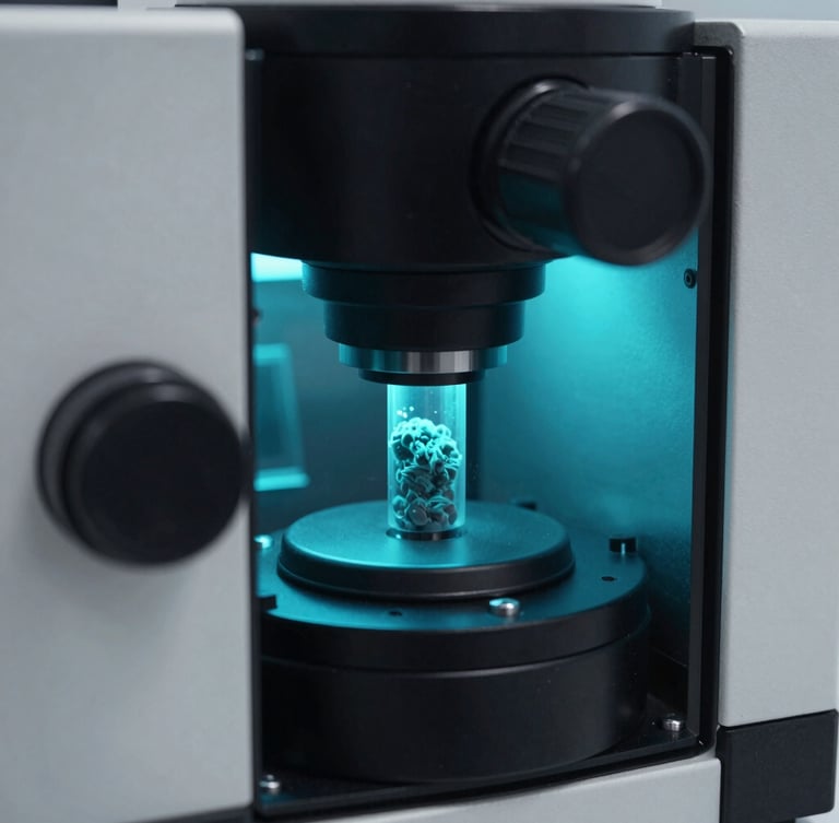 High-contrast technical photography of a scanning electron microscope (SEM) chamber, cool cyan backlighting, deep obsidian tones, ultra-sharp macro detail.