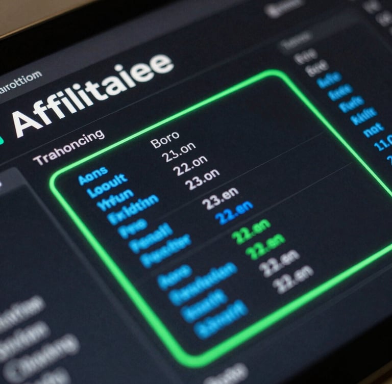 Macro crop of a modern affiliate tracking dashboard, high-contrast dark UI with bright electric-emerald lines and glowing neon-blue metrics, clean technical typography, sharp focus