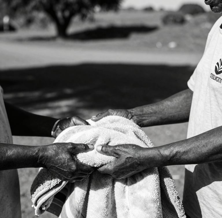 Dignified close-up of South African community volunteer handing a warm blanket to an elder, natural high-contrast afternoon sunlight, 35mm lens