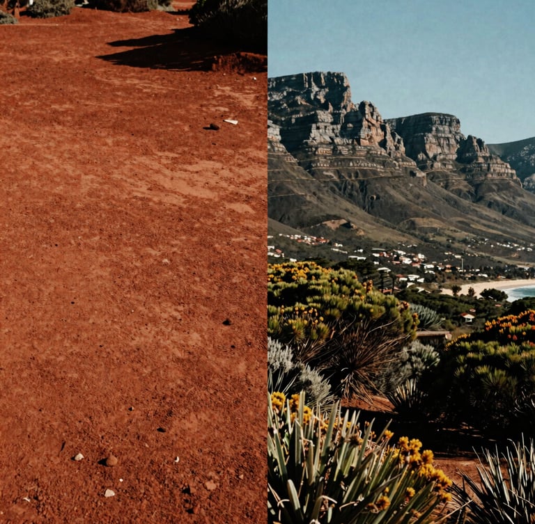 A split-screen style composition showing Australian red clay earth on the left and Cape Town coastal fynbos mountains on the right, gritty high-contrast natural light, cinematic 35mm grain.