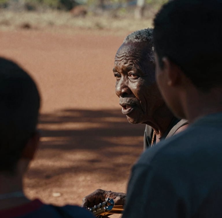 An intimate close-up of an Aboriginal Elder speaking with a young musician in a sunlit outdoor setting, warm red dirt in the background, high-contrast natural light, cinematic 35mm film grain.