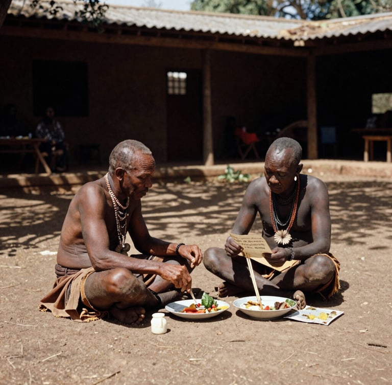 A wide shot of two Indigenous musicians, one from Australia and one from South Africa, sharing a meal and discussing lyrics in a sunlit courtyard.