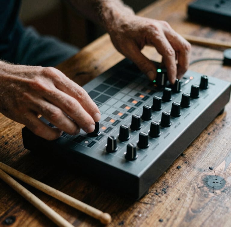 Gritty close-up of hands on an MPC drum machine and traditional clapsticks on a rustic wooden table, high-contrast natural light, warm earth tones, deep shadows, cinematic 35mm film grain.