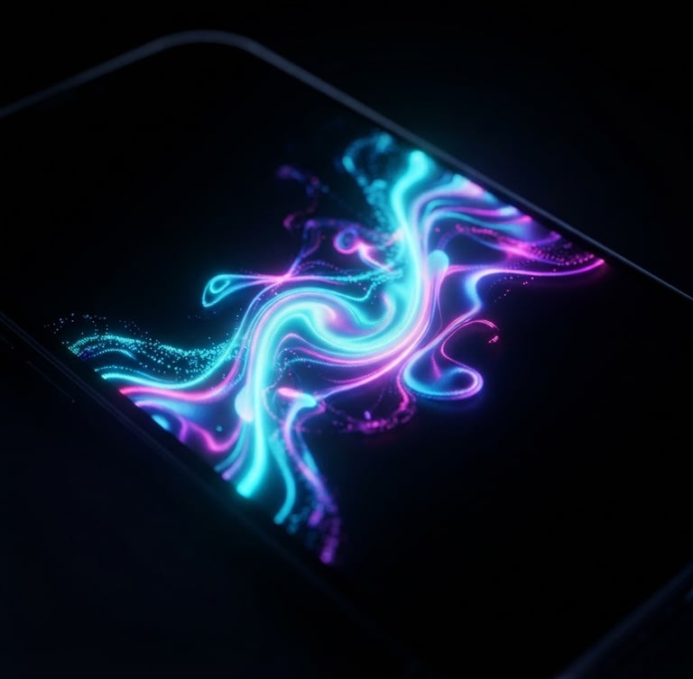 Macro shot of a high-resolution mobile screen displaying a fluid, physics-based UI transition with vibrant cyan and violet glow reflections, shallow depth of field, dark studio lighting.