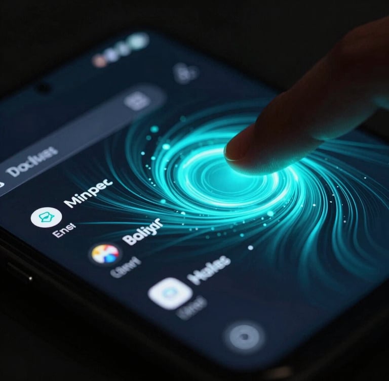 Extreme close-up of a premium Android phone screen displaying a complex, fluid UI transition with vibrant cyan glow, shallow depth of field, dark studio lighting, with a hand interacting with the screen.