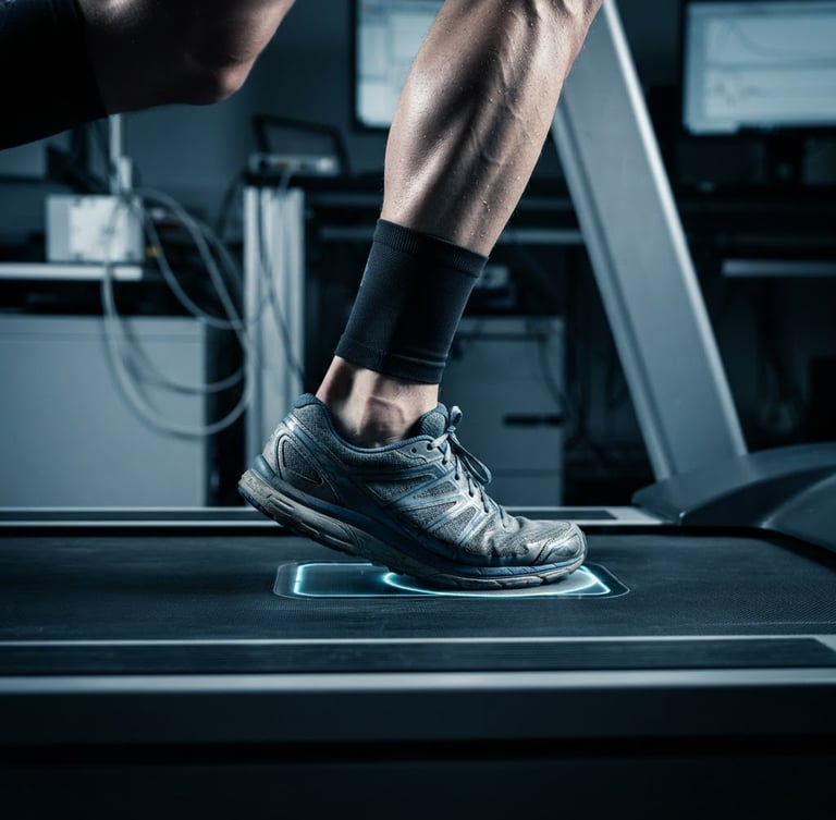Dynamic close-up of a runner's foot striking a pressure-sensitive laboratory treadmill, high-contrast side-lighting highlighting muscle definition, cool technical tones, 35mm lens.