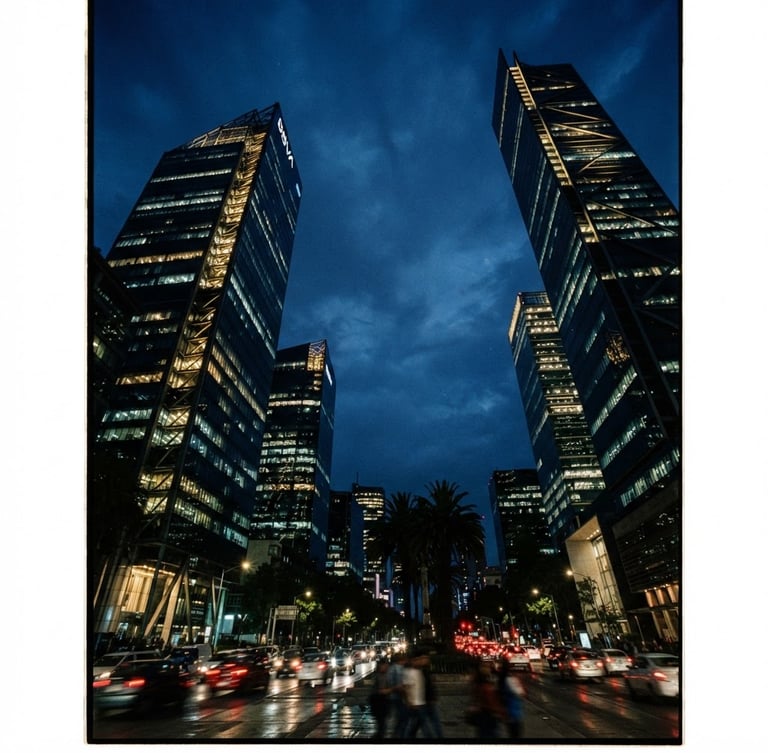 Dramatic low-angle architectural shot of Paseo de la Reforma corporate towers in Mexico City, deep blue hour lighting, sharp high-contrast shadows, cinematic editorial photography, 35mm