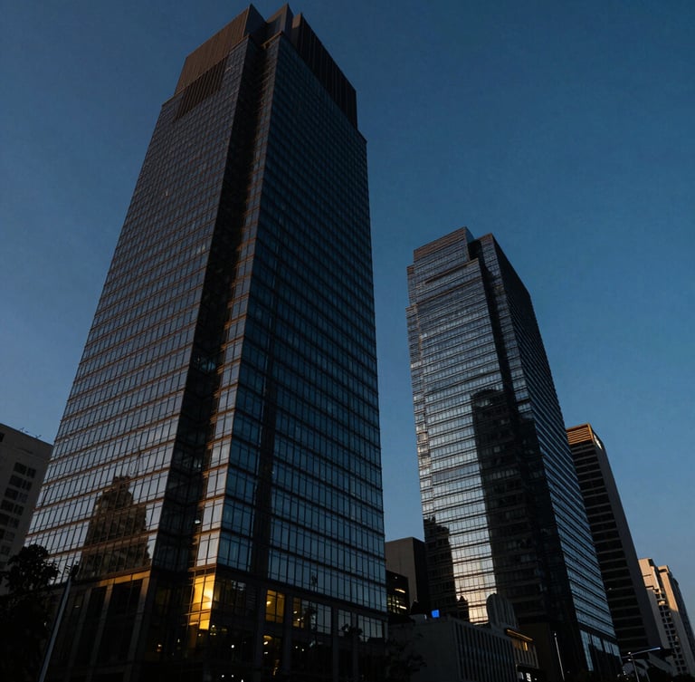 Low-angle dramatic architectural shot of modern glass skyscrapers in Paseo de la Reforma, Mexico City, deep blue hour lighting, sharp contrast