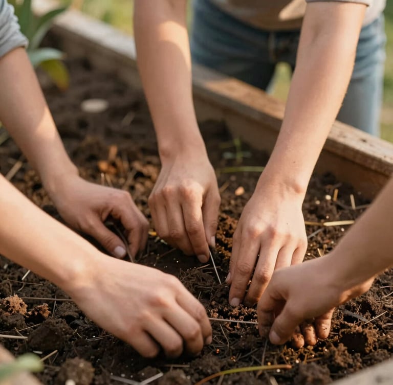 Warm editorial photography of hands working together to build a community garden bed, natural golden-hour light, rich earthy tones, candid close-up, soft focus, 35mm
