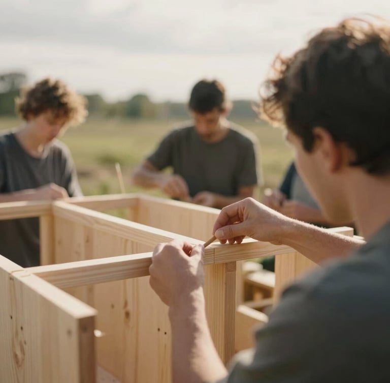 An over-the-shoulder perspective of a community workshop, hands working together to assemble a wooden structure under soft overcast daylight, natural depth of field, 35mm.