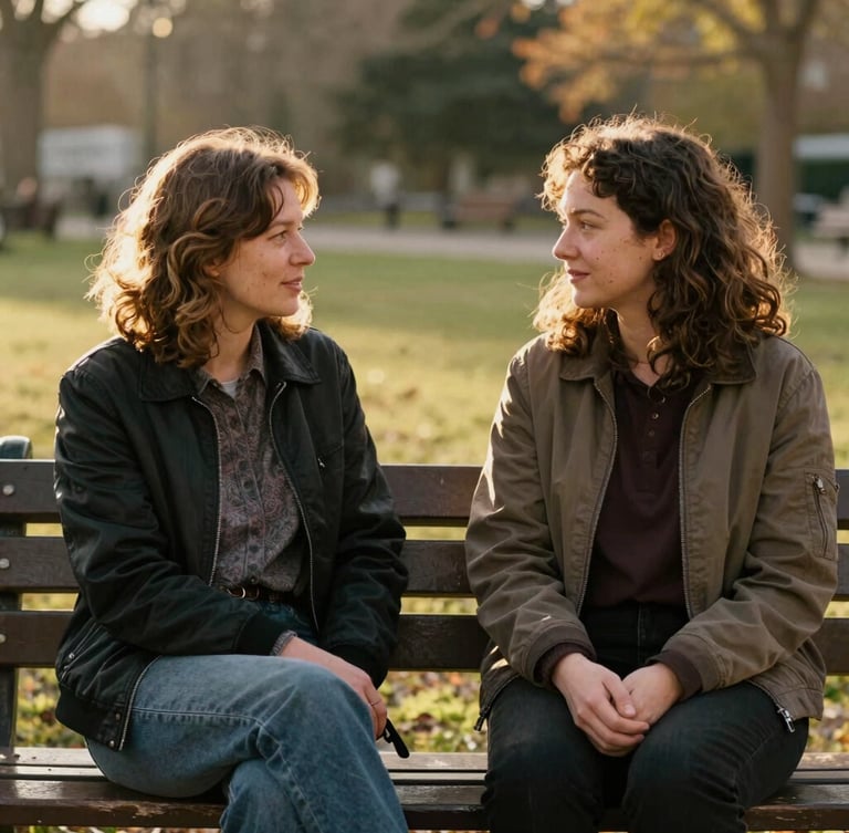 Warm documentary portrait of two people sitting side-by-side on a park bench, deep in conversation, natural golden-hour light, 35mm, soft focus