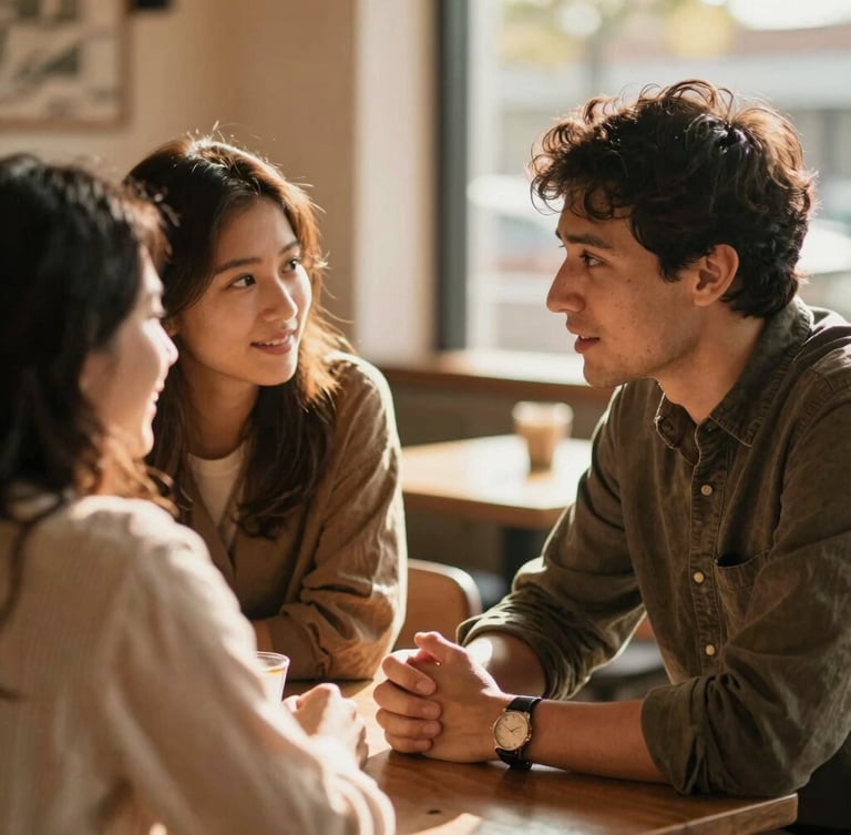 Warm editorial photography of two people in active mentorship conversation at a local cafe table, natural golden-hour light, rich earthy tones, candid human interaction, soft focus, 35mm