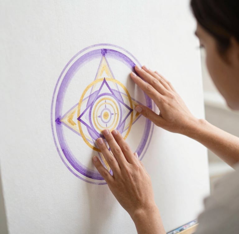 Elena Vega in her studio, bathed in natural light, contemplative, hands gently touching a canvas with violet and gold sacred geometry, high-key white backdrop, soft focus, 50mm