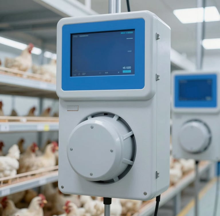High-tech poultry facility with automated climate control, clean clinical environment, sharp focus, technical-institutional style